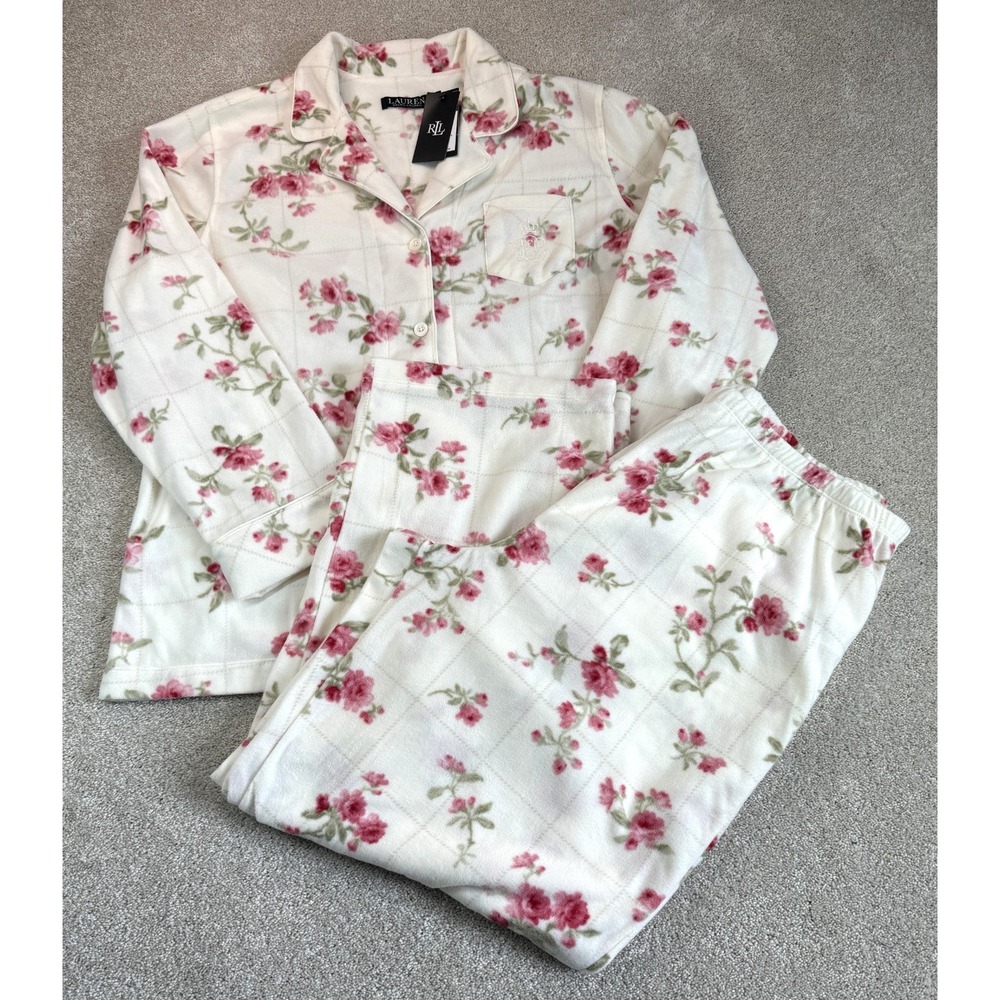 Lauren Ralph Lauren Fleece Pajama Set Women's XL Floral Shabby Cottagecore NEW